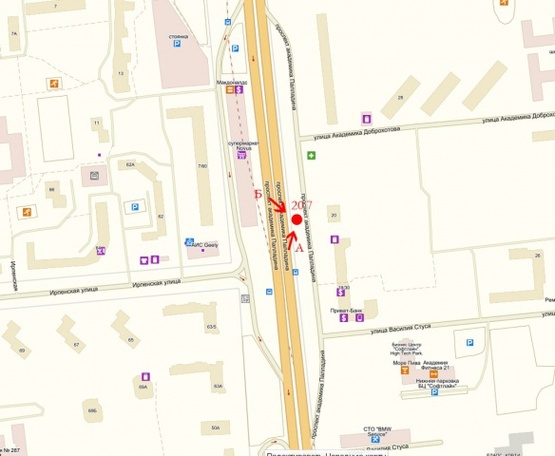 Схема рекламной плоскости по адресу Палладина 18/30 Крупная транспортная развязка, большое количество банков, офисов, магазинов. 400м., м. Академгородок