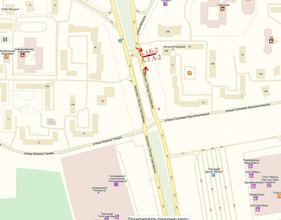 Схема рекламної площини за адресою Григоренко Петра 41, ТЦ "Эпицентр" "Метро", поворот на ул. Мишуги, выезд Пр-т., Бажана