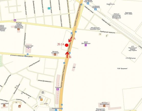 Схема рекламної площини за адресою Палладина, крупная транспортная развязка, 250 м., до ул. Булаховского ТЦ "Агромат"