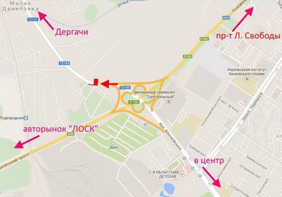 Схема рекламной плоскости по адресу Клочковская -развязка с окружной-флажок№3 выезд из  Харькова  в ст. Дергачей