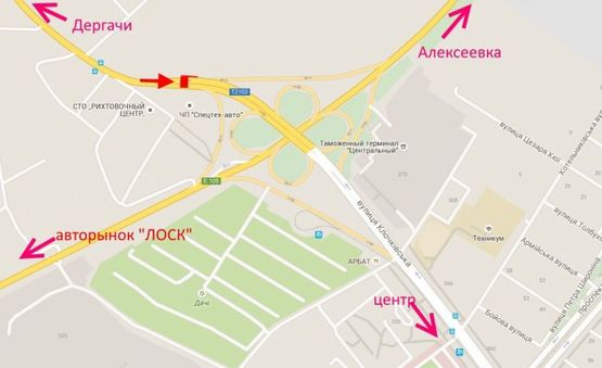 Схема рекламної площини за адресою Клочковская -развязка с окружной-флажок№2 въезд в Харьков  со ст. Дергачей