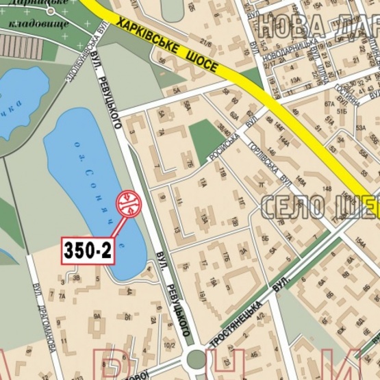 Схема рекламной плоскости по адресу Ревуцкого ул., 9, в сторону  Бажана просп. (АТБ Маркет, Гимназия 290, общественный пляж, рестораны Штандарт, Рыбное место)