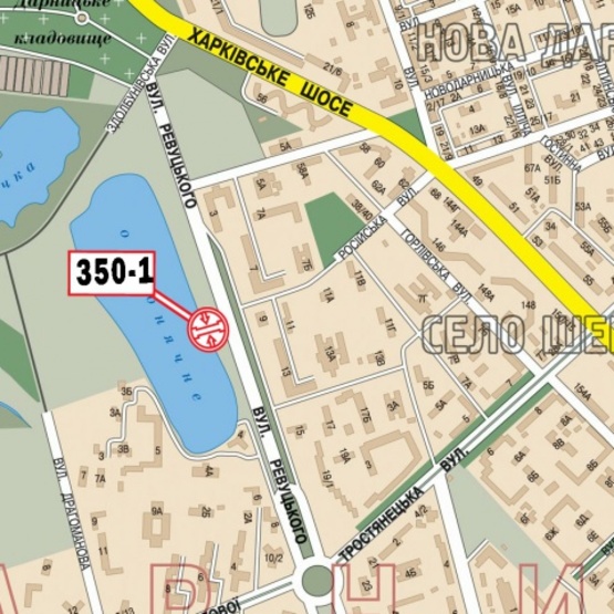 Схема рекламної площини за адресою Ревуцкого ул., 9, в сторону  Бажана просп. (АТБ Маркет, Гимназия 290, общественный пляж, рестораны Штандарт, Рыбное место)