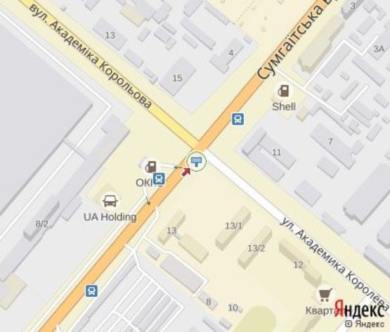Схема рекламной плоскости по адресу Сумгаитская ул., - Королёва ул., (АЗС OKKO , Автосалон UA Holding, завод "Богдан")
