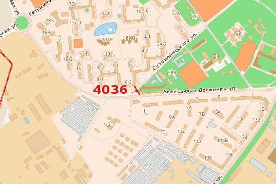 Схема рекламной плоскости по адресу Довженка вул. - Сухомлинського вул. (в центр, ліва)