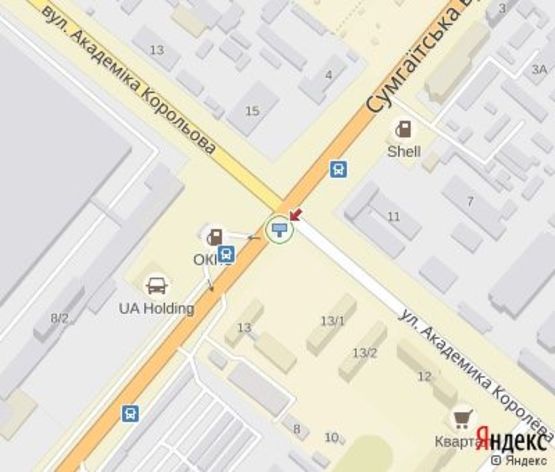 Схема рекламной плоскости по адресу Сумгаитская ул., - Королёва ул., (АЗС OKKO , Автосалон UA Holding, завод "Богдан")