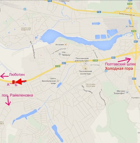 Схема рекламної площини за адресою Эстакада-пос.Песочин-выезд из города в ст.трассы Киев-Харьков-Довжанский