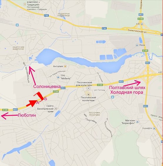 Схема рекламной плоскости по адресу Арка-Полтавский шлях-пос.Песочин-ул. Автомобильная-в центр