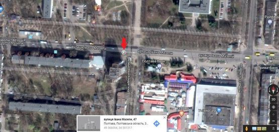 Схема рекламной плоскости по адресу г.Полтава,ул.Ивана Мазепы, 47, вьезд в рынок Алмазный, супермаркет Полтава ,флажок,