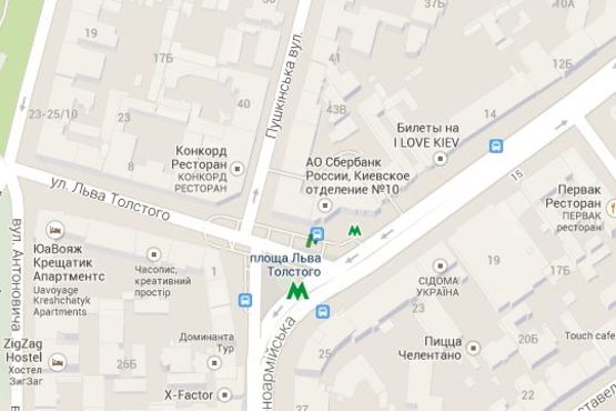 Схема рекламной плоскости по адресу Толстого Льва пл., 2 - Пушкінська вул., ("Сбербанк Росії") (правору) №1 - зупинка громадського транспорту