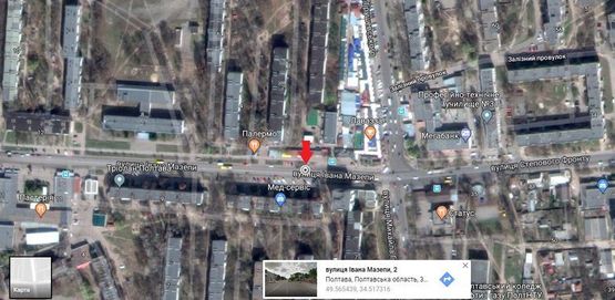 Схема рекламной плоскости по адресу г.Полтава,ул.Ивана Мазепы,3,рынок Мотель,ресторан Диканька,развл, центр Спайдер,много магазинов,флажок,