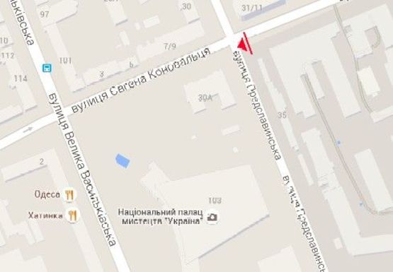 Схема рекламної площини за адресою Коновальца ул. (бывш. Щорса ул.) - Предславинская ул.