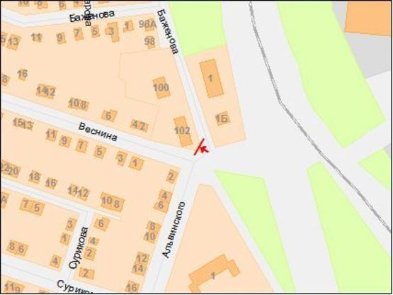 Схема рекламной плоскости по адресу Баженова ул., 102 - Веснина ул. - Альвинского ул.
