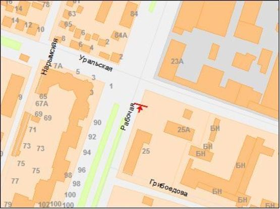 Схема рекламной плоскости по адресу Рабочая ул. - Уральская ул., в центр