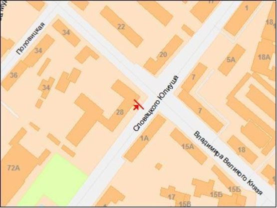 Схема рекламной плоскости по адресу Князя Владимира Великого пр., 28 - Словацкого Юлиуша ул.