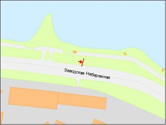 Схема рекламной плоскости по адресу Заводская Набережная ул., яхтклуб "Прибой", в центр