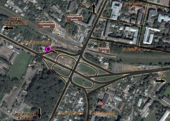 Схема рекламної площини за адресою розв'язка вул.Кам'янецька - вул.Толстого - Львівське шосе. (від центру, на ринки)