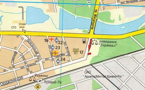Схема рекламной плоскости по адресу магистраль  пр. Металлургов ( комбинат  "MITTAL STIL", автопарковка, авторынок "Терминал". Горбольница №3, трамвайно-троллейбусная линии. )