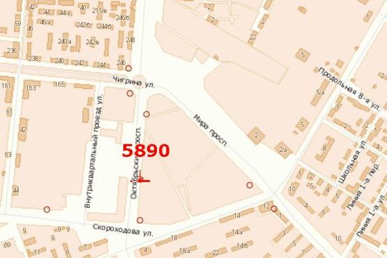 Схема рекламної площини за адресою Богоявленський просп. (Жовтневий просп.) - Кузнецька вул. (Скороходова вул.) - Будівельників вул.