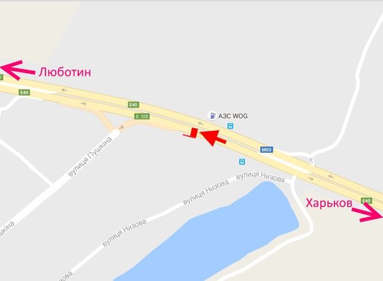 Схема рекламной плоскости по адресу Трасса Киев-Харьков-466 км-пос. Коротыч-возле АЗС WOG-в ст. Люботина