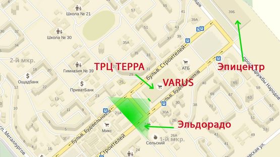 Схема рекламной плоскости по адресу бульвар Строителей, 27А Рядом "ЭПИЦЕНТР", "АТБ", рестораны, банки.