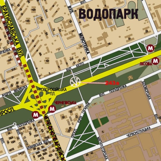 Схема рекламной плоскости по адресу Броварской просп., ст. м. Лесная (500м к ст. м. Черниговская, парк Киото, АЗС, въезд в город)