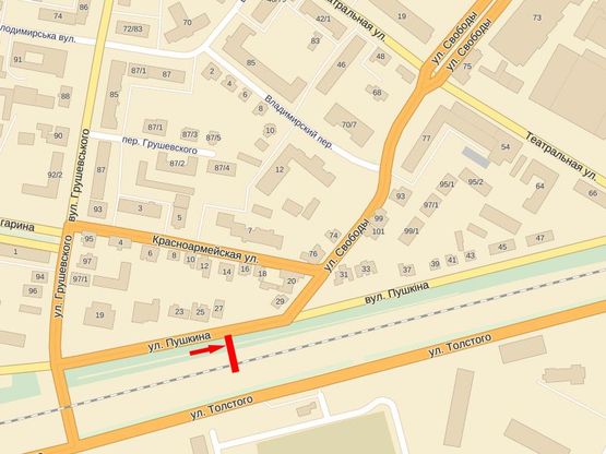 Схема рекламної площини за адресою Пушкина ул., 27, центр города, в сторону магазина "Фуршет"