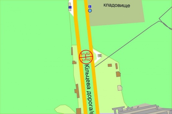 Схема рекламної площини за адресою Окружная дорога, 12. разделитель, по ходу в сторону Жулянского путепровода)