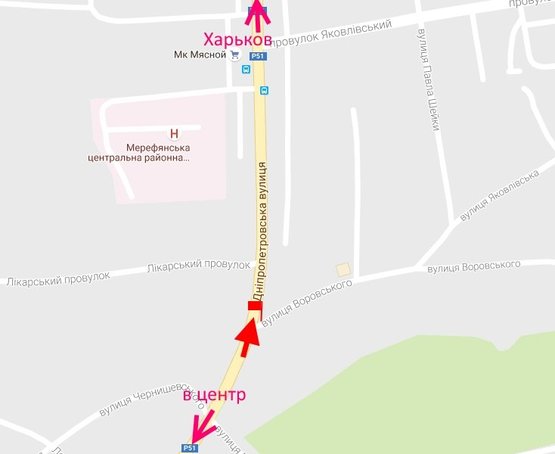 Схема рекламної площини за адресою Мерефа-ул. Днепровская-ул. Воровского-флажок№1-в ст Харькова