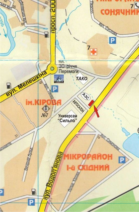 Схема рекламної площини за адресою светофор       Бульвар Вечерний  ( автосалон "MITSUBUSHI", супермаркет "Сильпо", АЗС "ТНК".)