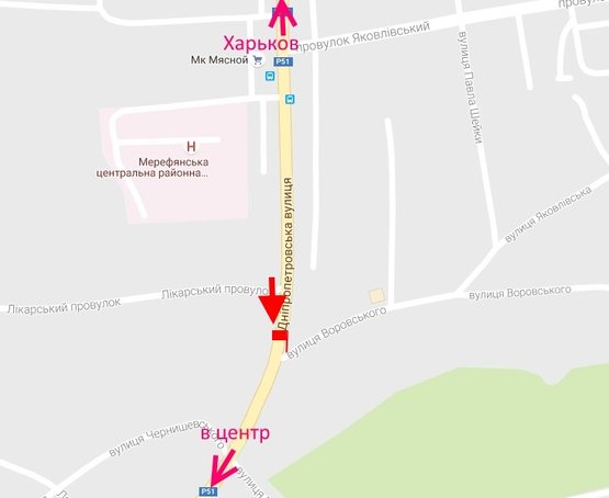 Схема рекламной плоскости по адресу Мерефа-ул. Днепровская-ул. Воровского-флажок№1-в центр