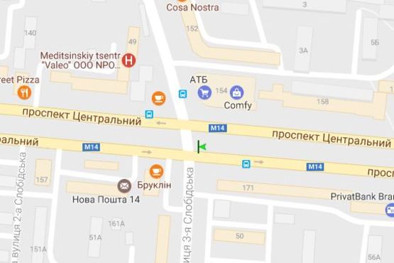 Схема рекламної площини за адресою Центральний просп. (Леніна просп.) - 3-я Слобідська вул. (Дзержинського вул.), №2