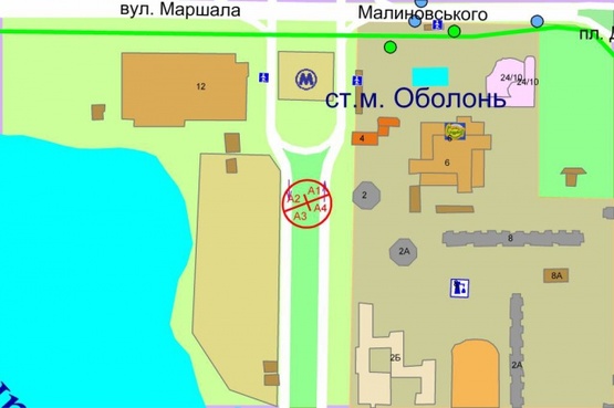 Схема рекламной плоскости по адресу Оболонский проспект, 2 (разделитель), по ходу от Петровки за 100м к  Метро"Оболонь"
