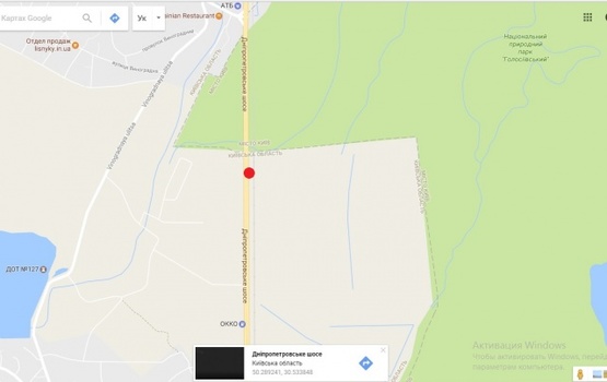 Схема рекламной плоскости по адресу Новообуховская трасса (Днепропетровское шоссе), в направлении г. Киев, 2,5 км. после ТЦ"Мегамаркет", 500м. до поворота на с. Лесники, 5км+500метров, правая