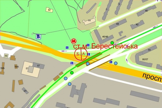 Схема рекламної площини за адресою Победы проспект, Метро"Берестейская", съезд с Лагерной ул.