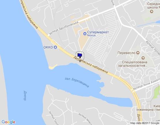 Схема рекламной плоскости по адресу Дніпровська набережна, 1500 м від залізничного мосту справа у напрямку руху до просп. Бажана (між вул. Анни Ахматової та вул. Здолбунівська)