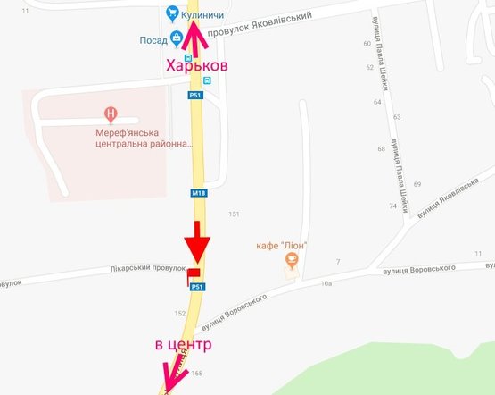 Схема рекламной плоскости по адресу Мерефа-ул. Днепровская-пер. Лекарский-в центр