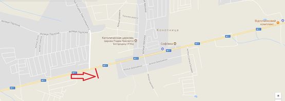 Схема рекламной плоскости по адресу М-11 Львів Шегині, км 13+635, ліворуч (с Конопниця, Зелендекор, ГК Софіївка)