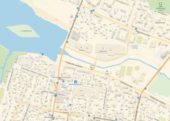 Схема рекламної площини за адресою вул.Прибузька, в районі мосту на "Епіцентр" та ТРЦ "Оазис". неподалік:  "Епіцентр", ТРЦ "Оазис", супермаркет "ТавріяВ" та "Сільпо", безліч дрібних магазинів та комерційних об'єктів (центр) [від центру, до Епіцентру]