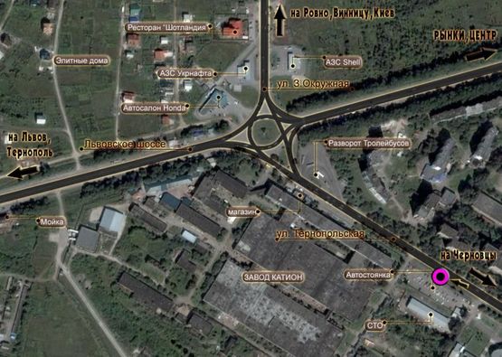 Схема рекламної площини за адресою вул.Тернопільська. неподалік: автостоянка, завод"Радіозавод" (від центру)