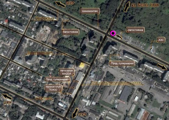 Схема рекламної площини за адресою перехрестя вул.Прибузька - Старокостянтинівське шосе (стоянка). неподалік: автостоянка, шиномонтаж, АЗК, супермаркет "Вопак", непродовольчий ринок (в центр)