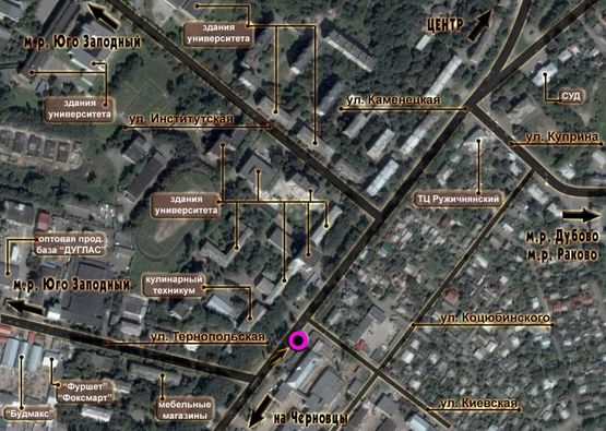 Схема рекламной плоскости по адресу вул.Кам'янецька - вул.Тернопільська. неподалік: університет, бібліотека, супермаркет "Фуршет", автостанція, зупинка (в центр)