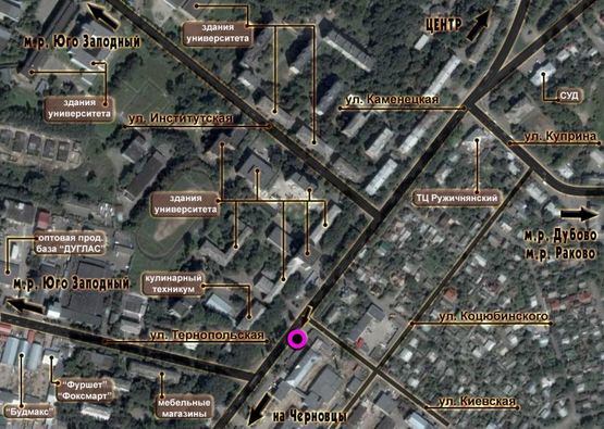 Схема рекламной плоскости по адресу вул.Кам'янецька - вул.Тернопільська. неподалік: університет, бібліотека, супермаркет "Фуршет", автостанція, зупинка (від центру)