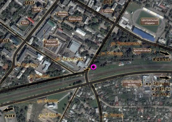 Схема рекламної площини за адресою Т-подібне перехрестя вул.Пушкіна - вул.І.Франка. неподалік: З/Д переїзд, парк, центр міста (центр) [ліве вухо]