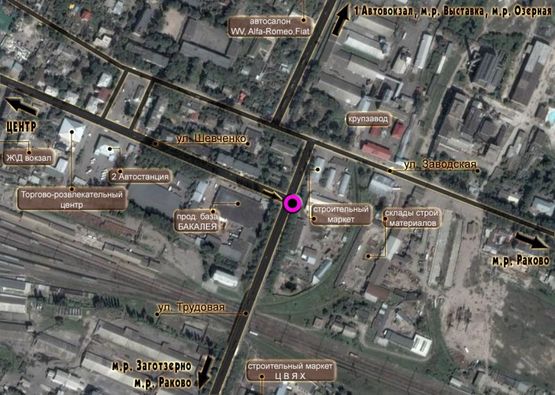 Схема рекламної площини за адресою Т-подібне перехрестя вул.Шевченка - вул.Трудова. неподалік: супермаркет "Бакалія", Делівері, зупинка, автостанція (від центру)