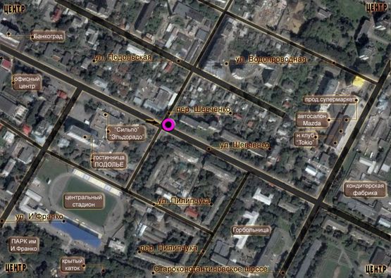 Схема рекламной плоскости по адресу перехрестя вул.Шевченка - пров.Шевченка. неподалік: супермаркет "Сільпо", скупчення цілодобових МАФів,адвокатські офіси, виробники вікон, крупний готель, ресторани, міська лікарня (центр)