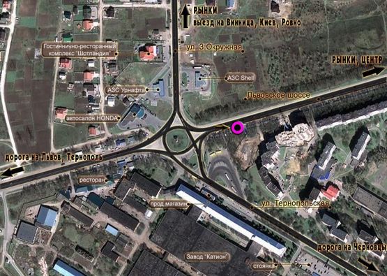 Схема рекламної площини за адресою кільце Львівське шосе - вул.Тернопільська - вул.З.Окружна. неподалік: кінцева зупинка, автосалон "Хонда", АЗС "Шелл", "УкрНафта", елітна приватна забудова (в'їзд в місто, в центр)