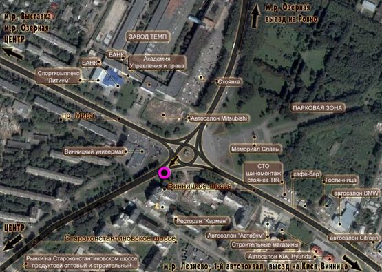 Схема рекламной плоскости по адресу кільце пр.Миру - Старокостянтинівське шосе. неподалік: супермаркет "Сільпо", магазини автозапчастин, авторинок, автосалони "БМВ", "Мерседес", "Опель", "Рено", "Хюндай", "Шкода" та інші, офіційний сервіс "БОШ" (в центр)