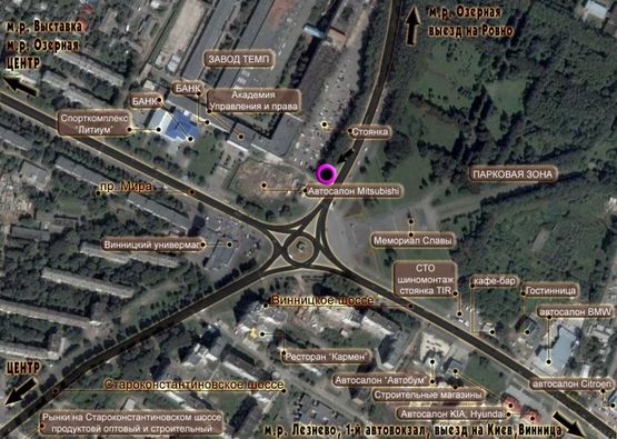 Схема рекламної площини за адресою Старокостянтинівське шосе (автосалон "АУДИ"). неподалік: ТЦ "МІЙ ДІМ", СТО (в'їзд в місто, в центр)