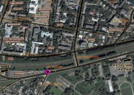 Схема рекламної площини за адресою перехрестя вул.Толстого - вул.Ланова. неподалік: велика стоянка (від центру, на ринки)